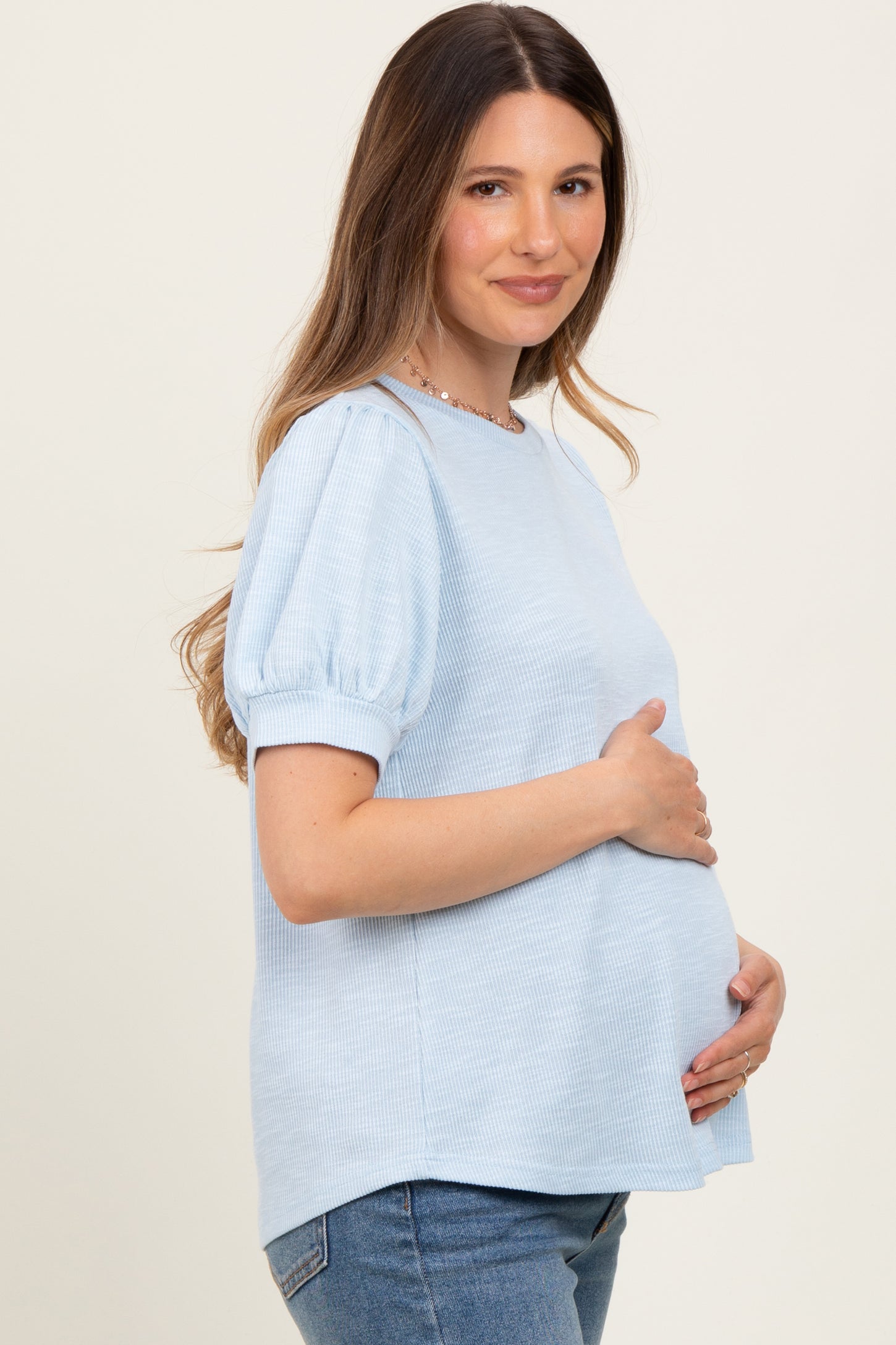 Light Blue Ribbed Puffed Sleeve Maternity Top