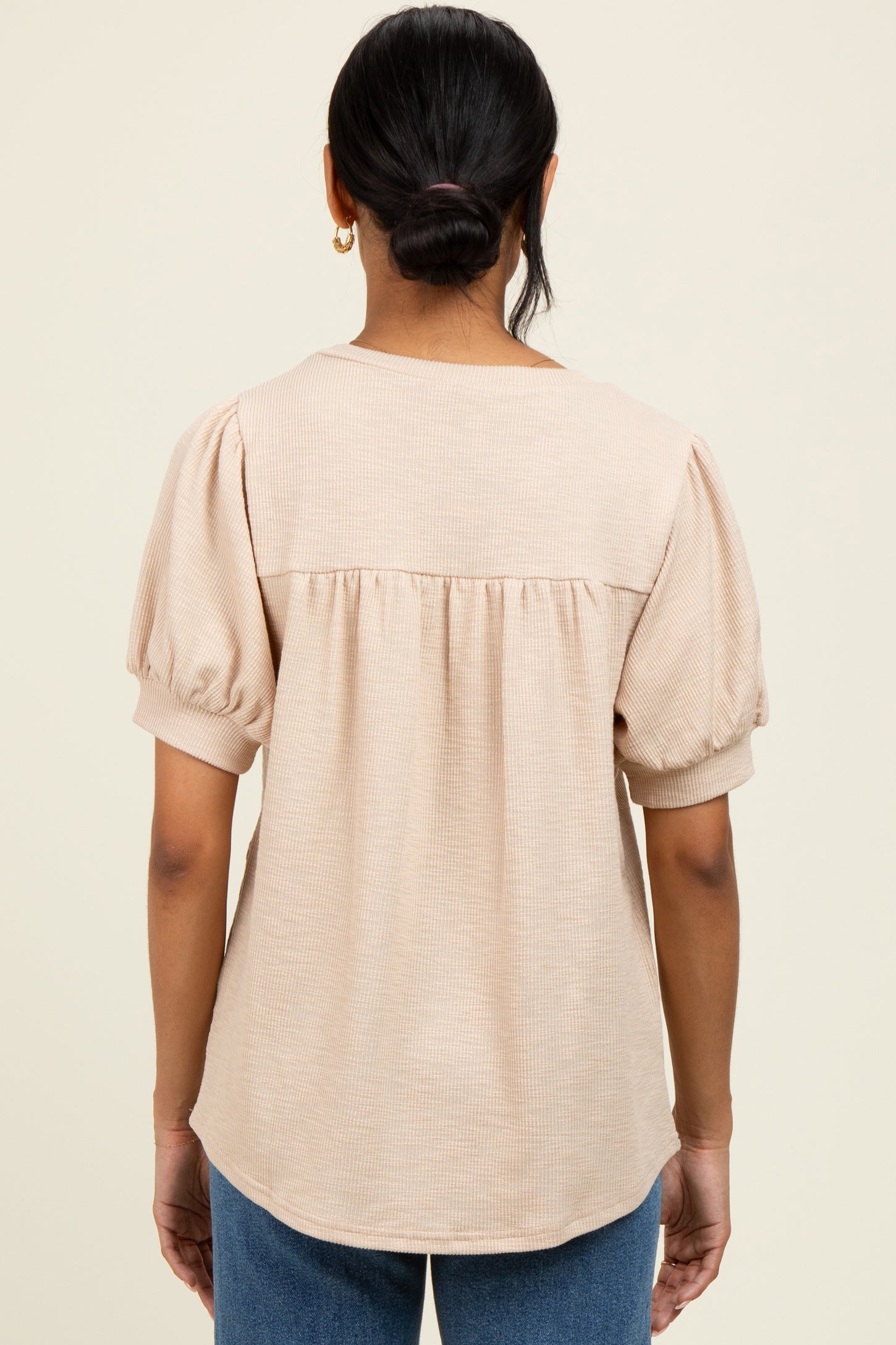 Beige Ribbed Puffed Sleeve Top