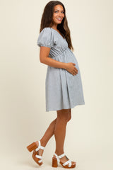 Navy Stripe Back Button Up Cutout Maternity Mini Dress