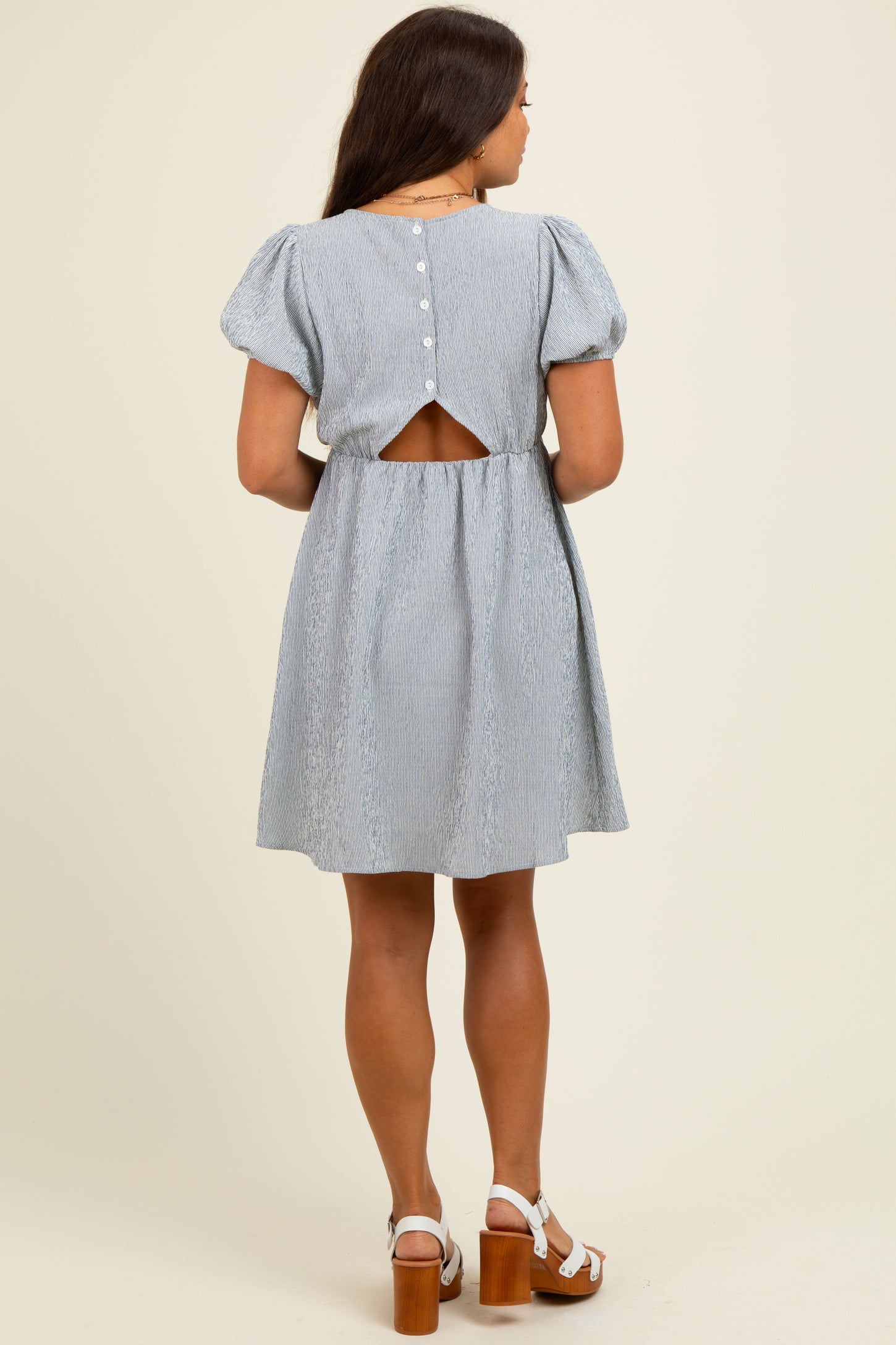 Navy Stripe Back Button Up Cutout Maternity Mini Dress