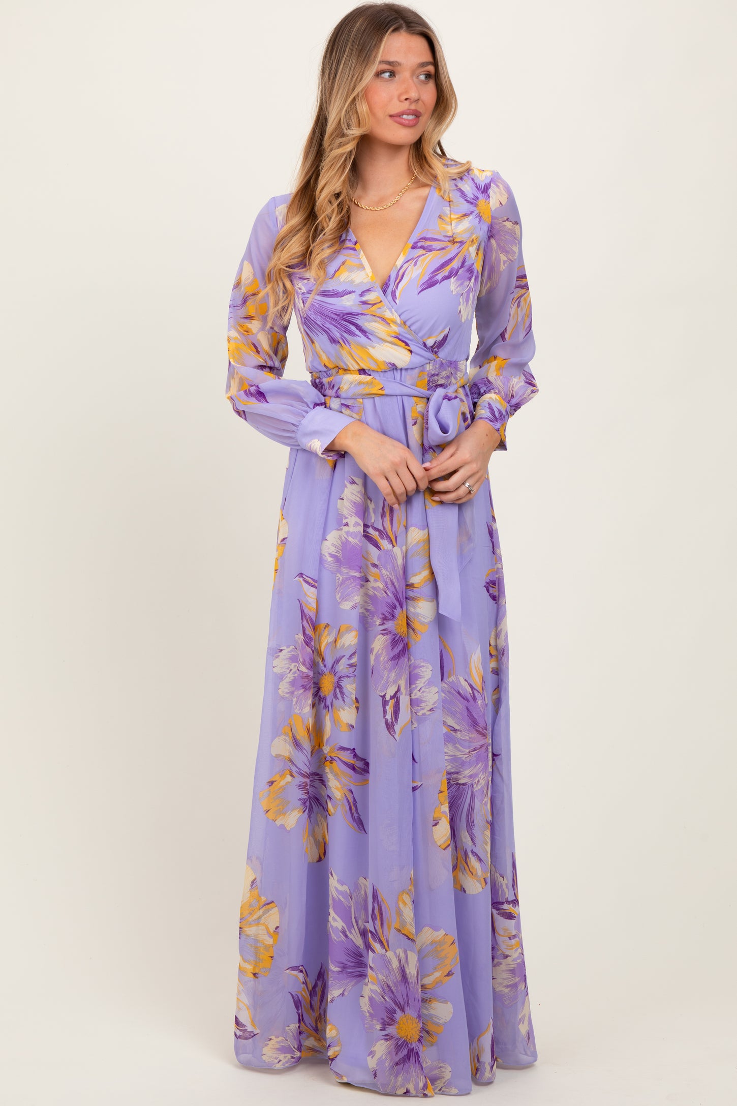 Lavender Floral Chiffon Sash Tie Wrap Maxi Dress PinkBlush Lavender Floral Chiffon Sash Tie Wrap Maxi Dress PinkBlush