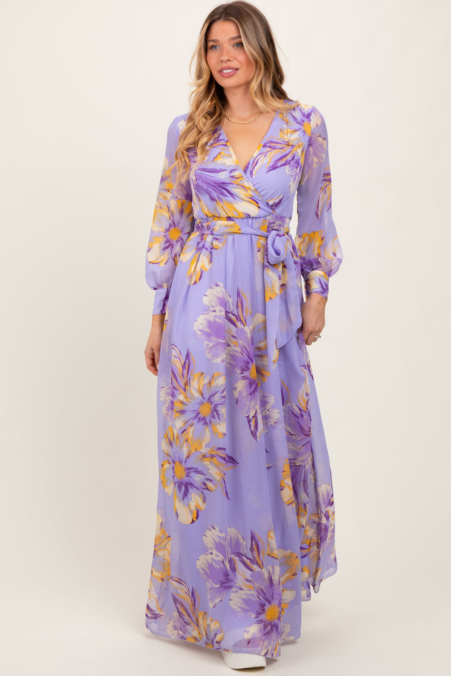Lavender Floral Chiffon Sash Tie Wrap Maxi Dress