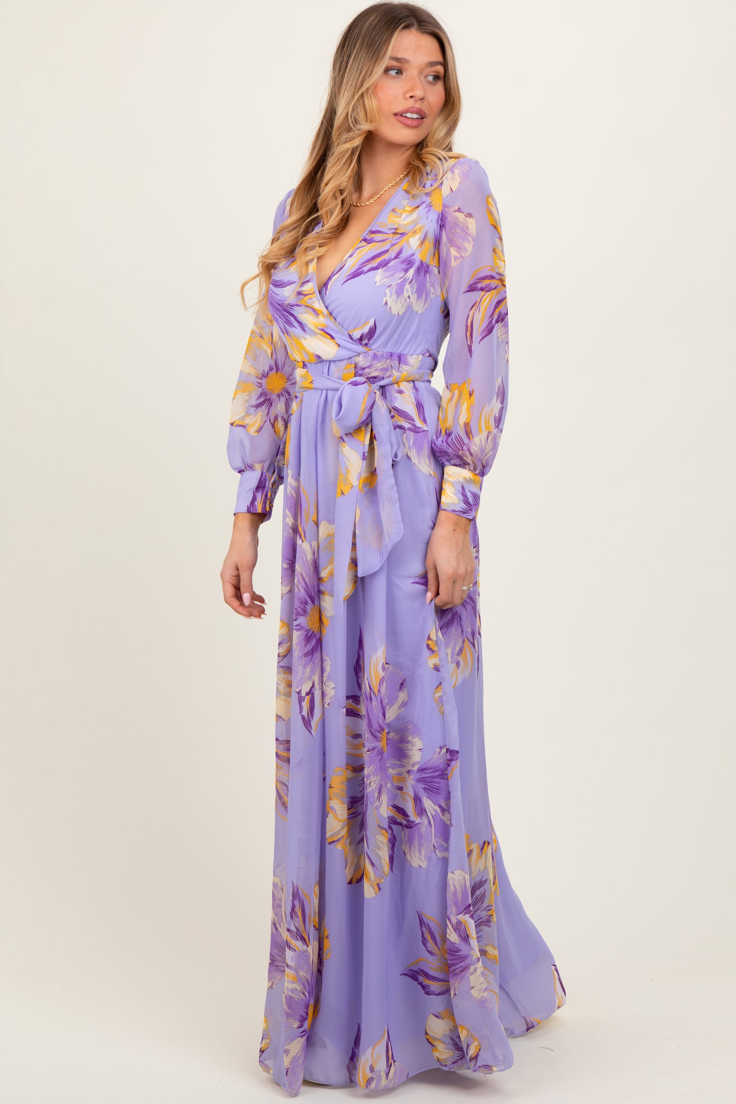 Lavender Floral Chiffon Sash Tie Wrap Maxi Dress – PinkBlush
