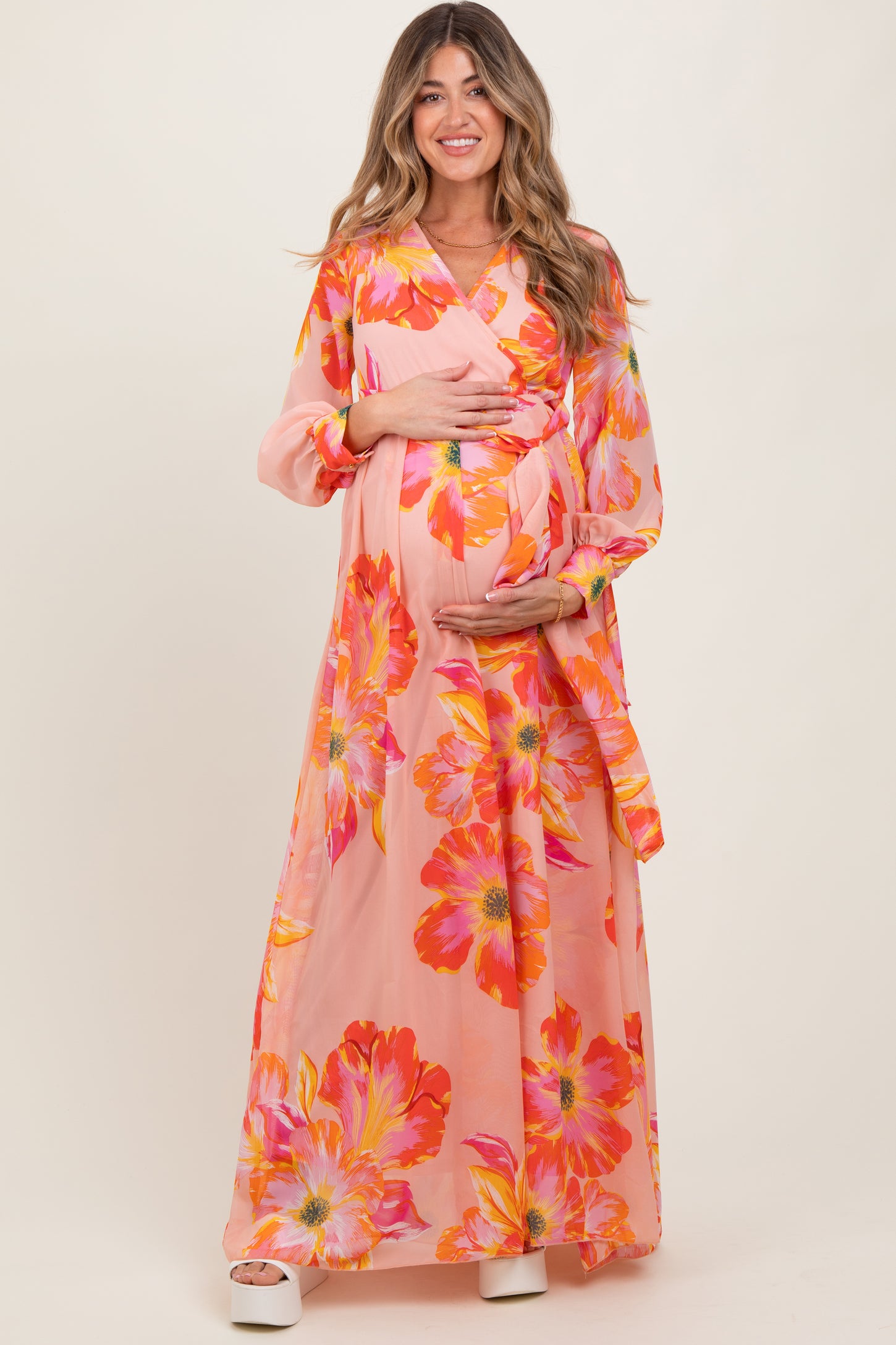 Peach Floral Chiffon Sash Tie Maternity Wrap Maxi Dress – PinkBlush
