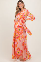Peach Floral Chiffon Sash Tie Maternity Wrap Maxi Dress