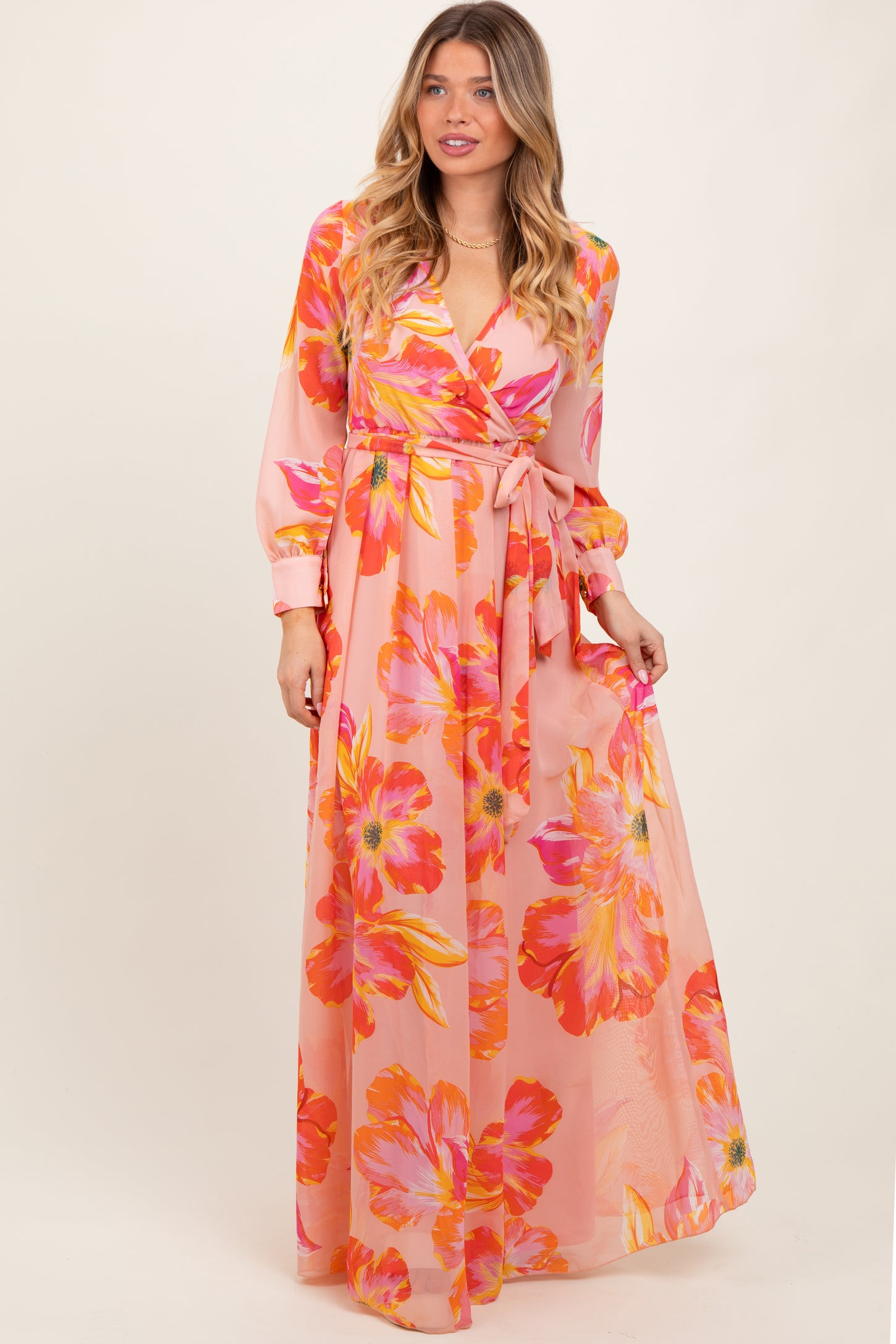 chiffon wrap dress Joseph Ribkoff Print With Ruffle Detail 261739 in our delicate pink floral print B243001_Pretty Poly Chiffon A-line Wrap