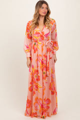 Peach Floral Chiffon Sash Tie Wrap Maxi Dress