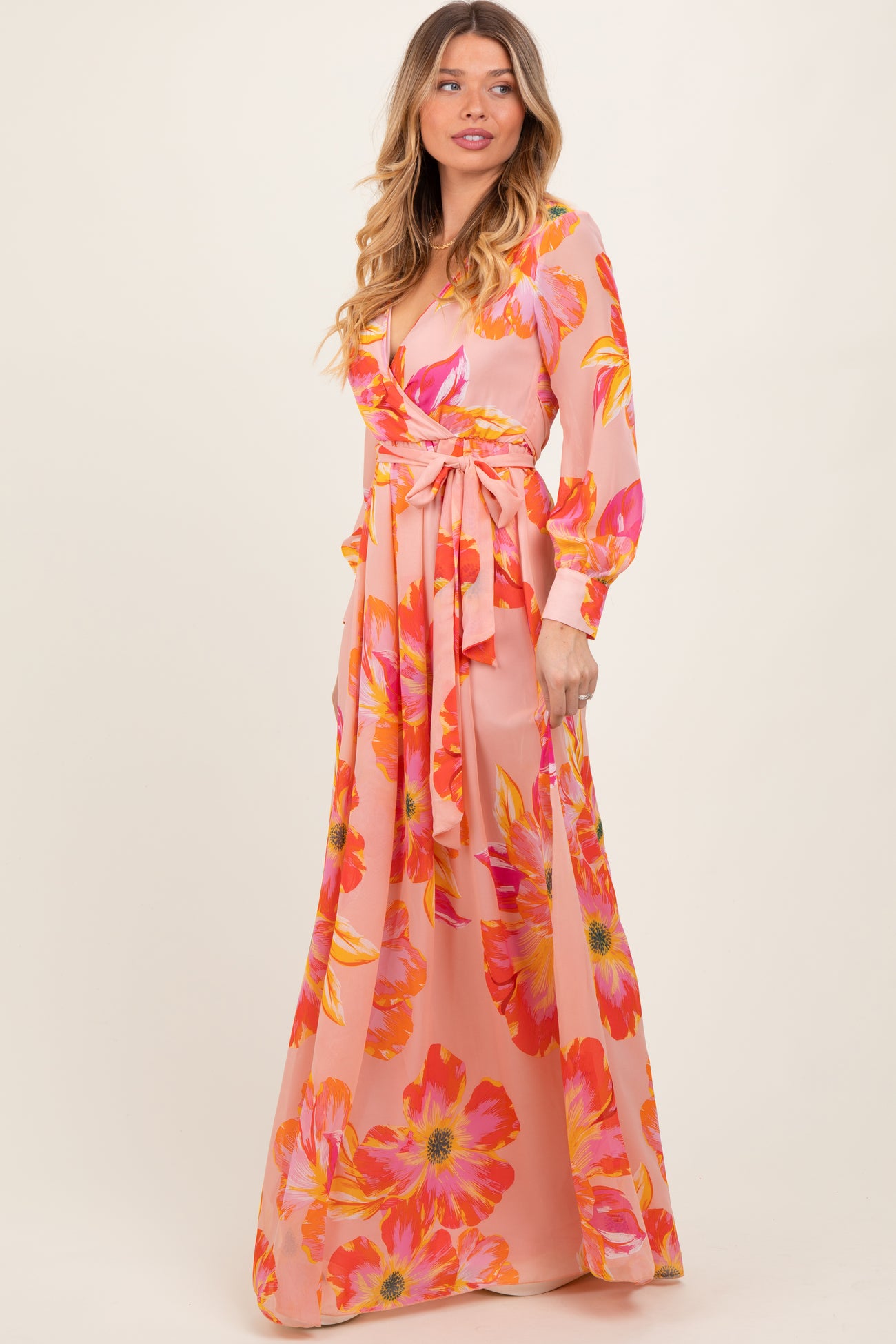 Peach Floral Chiffon Sash Tie Wrap Maxi Dress – PinkBlush