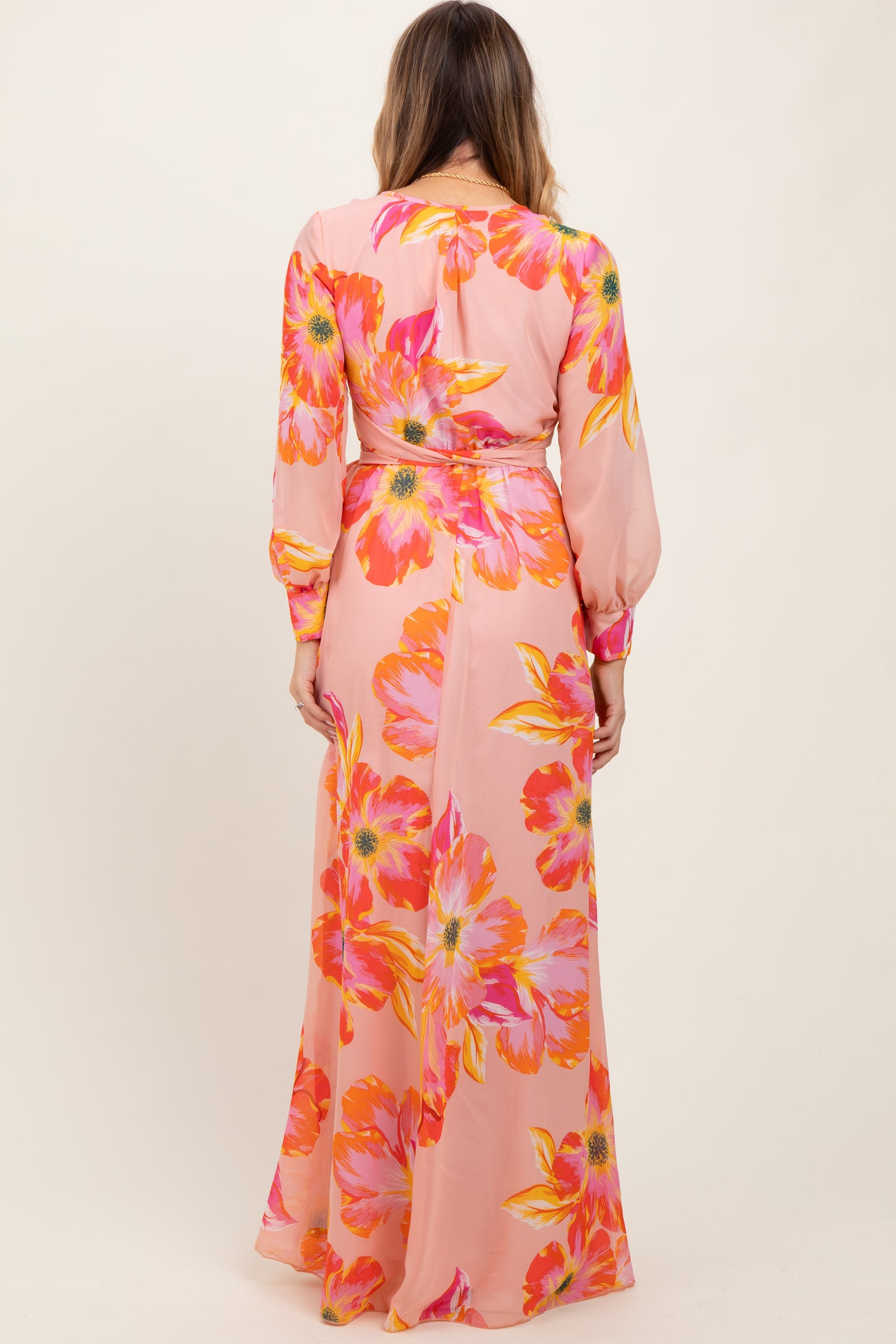 Peach Floral Chiffon Sash Tie Wrap Maxi Dress