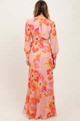 Peach Floral Chiffon Sash Tie Wrap Maxi Dress
