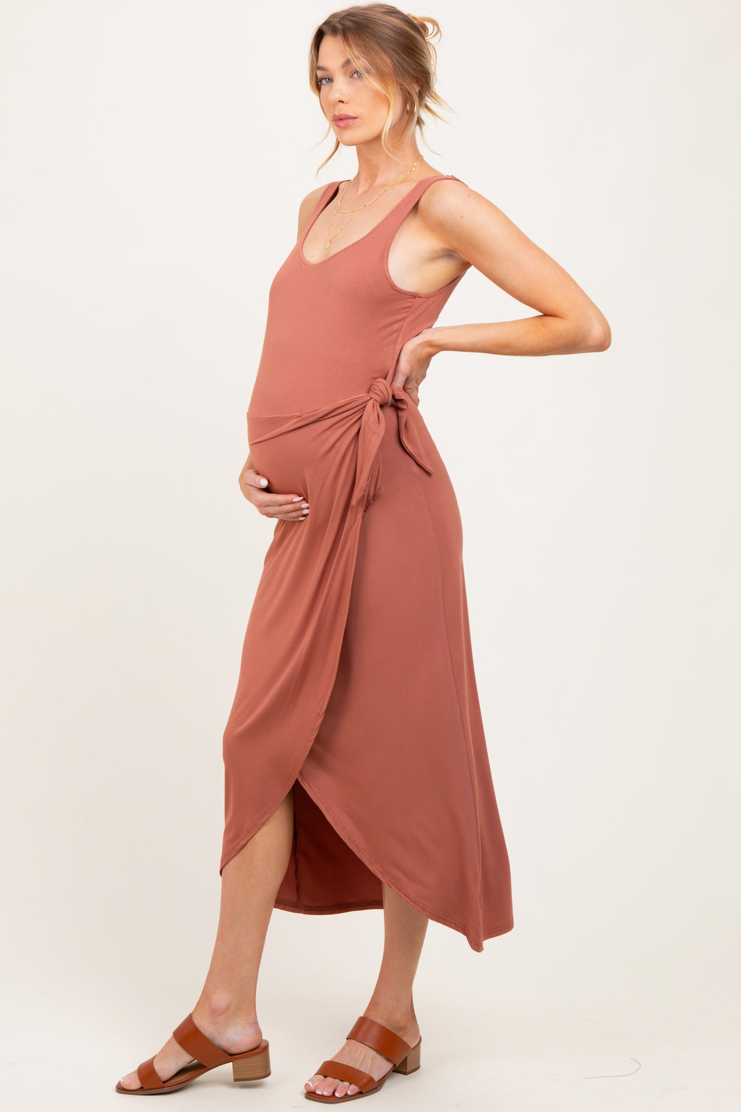 Light Rust Sleeveless Wrap Waist Maternity Midi Dress