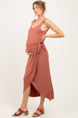 Light Rust Sleeveless Wrap Waist Maternity Midi Dress