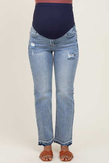 Light Blue Distressed Raw Hem Maternity Ankle Straight Leg Jeans