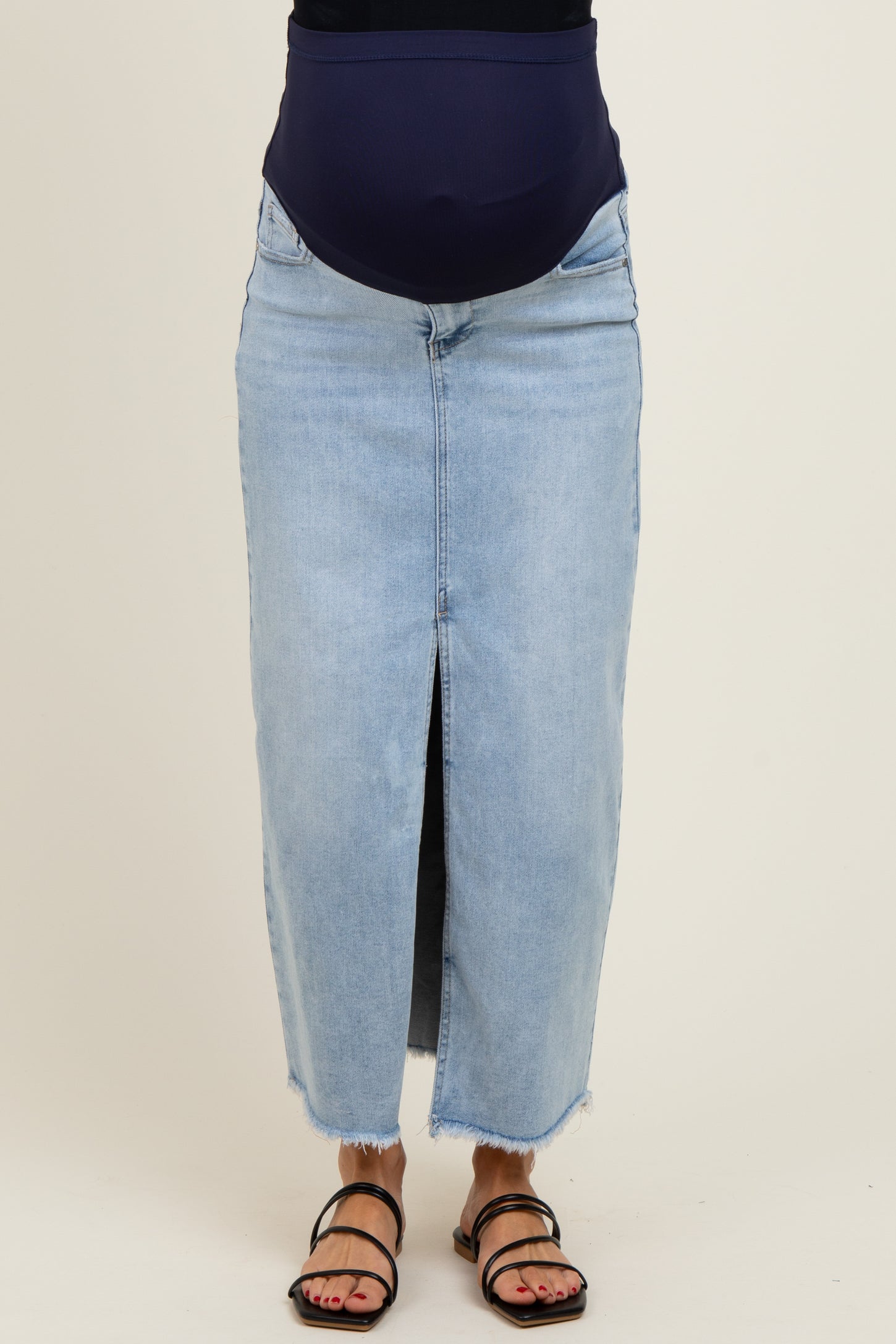 Light Blue Front Slit Fringe Hem Maternity Denim Maxi Skirt