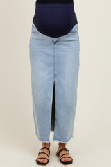 Light Blue Front Slit Fringe Hem Maternity Denim Maxi Skirt