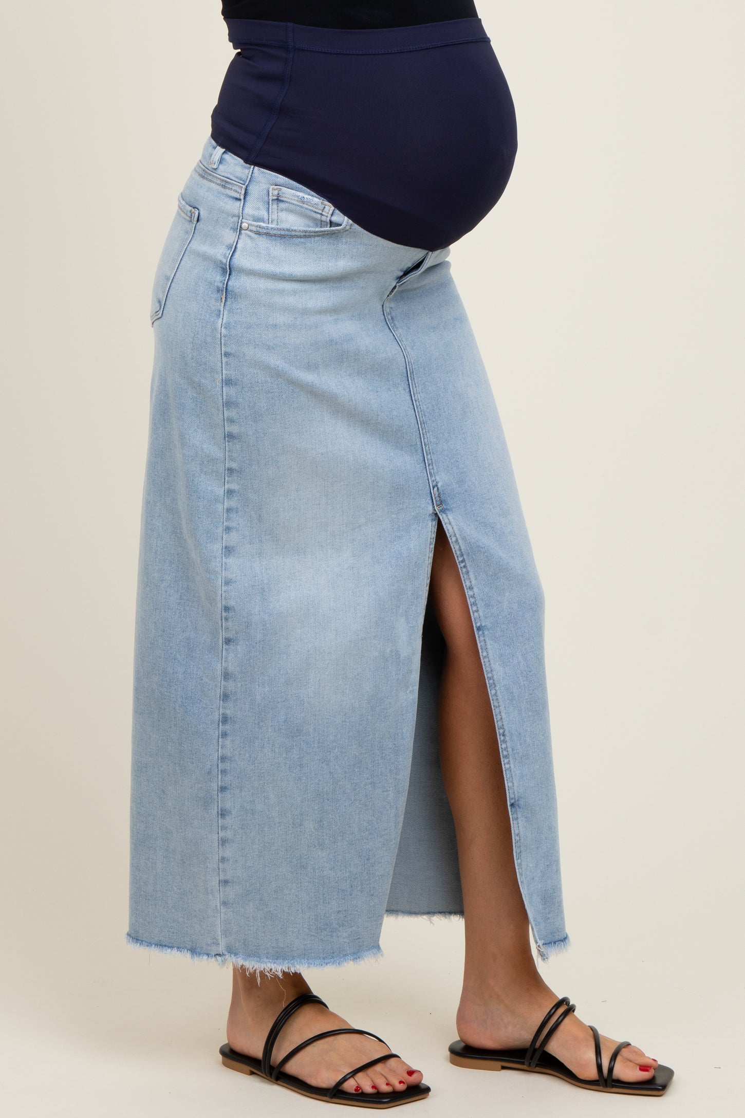 Light Blue Front Slit Fringe Hem Maternity Denim Maxi Skirt