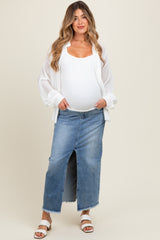 Blue Front Slit Fringe Hem Maternity Denim Maxi Skirt