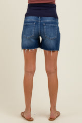 Navy Blue Raw Cut Hem Maternity Denim Shorts