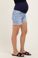 Light Blue Fringe Hem Maternity Jean Shorts
