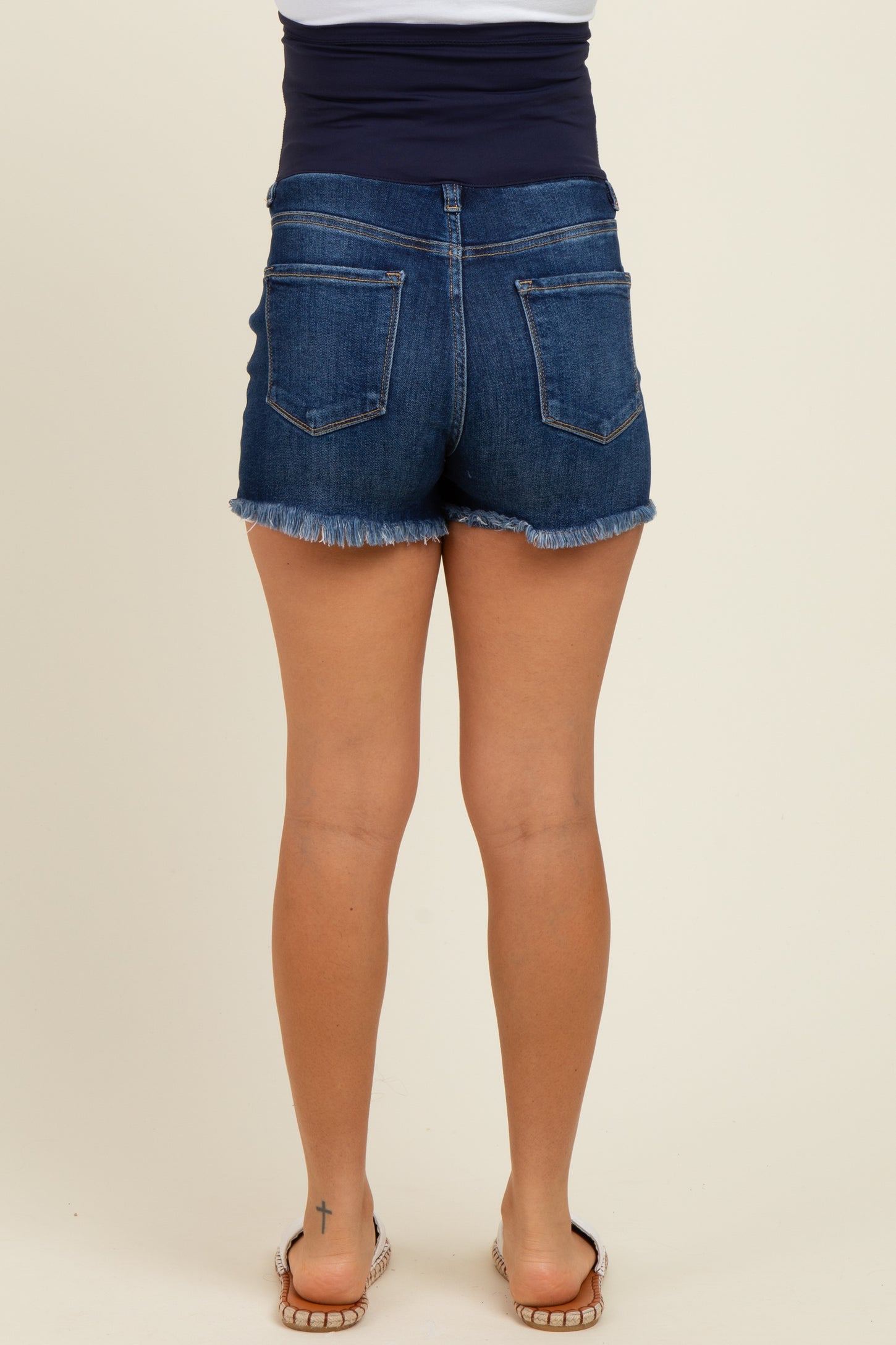 Navy Blue Fringe Hem Maternity Jean Shorts
