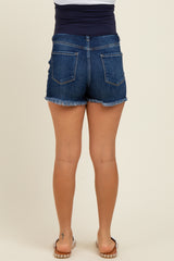 Navy Blue Fringe Hem Maternity Jean Shorts