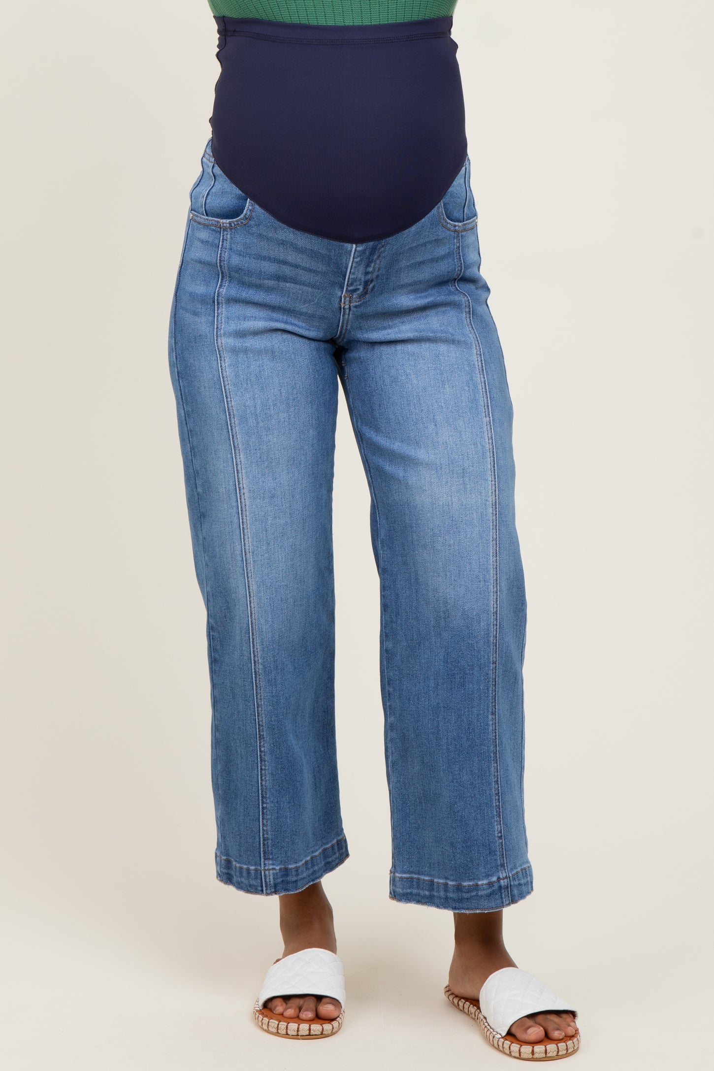 Blue Front Seam Cropped Wide Leg Maternity Jeans