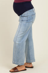Light Blue Front Seam Cropped Wide Leg Maternity Jeans