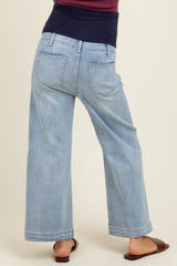 Light Blue Front Seam Cropped Wide Leg Maternity Jeans