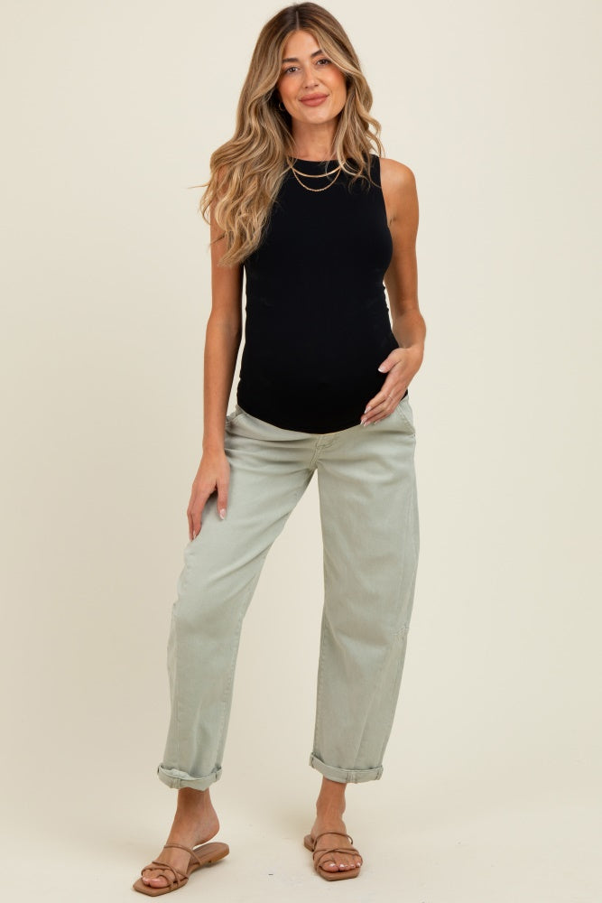 Light Olive Rolled Cuff Barrel Leg Maternity Jeans