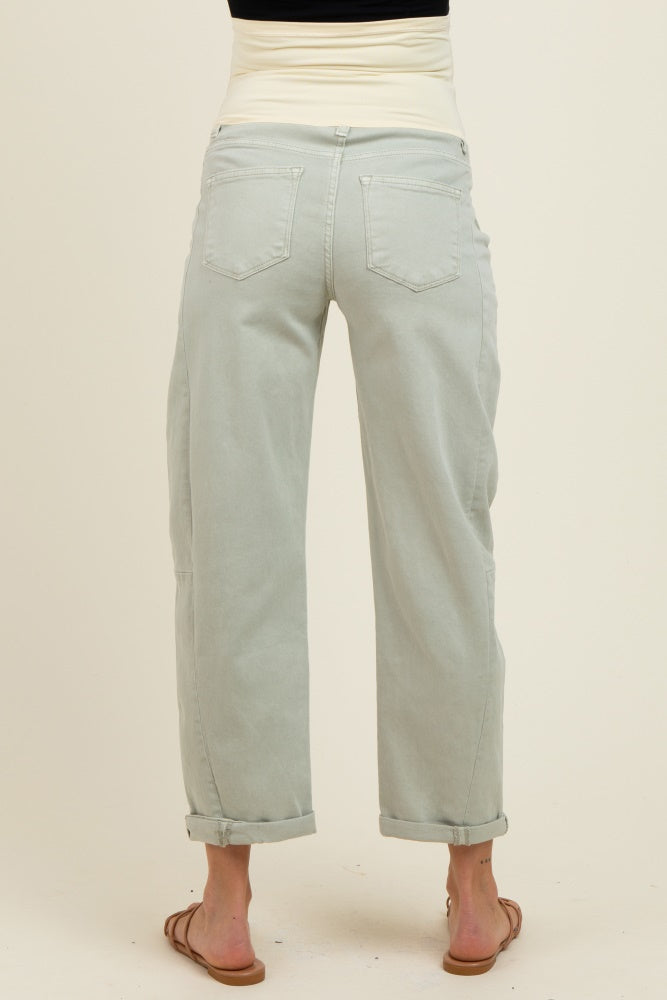 Light Olive Rolled Cuff Barrel Leg Maternity Jeans