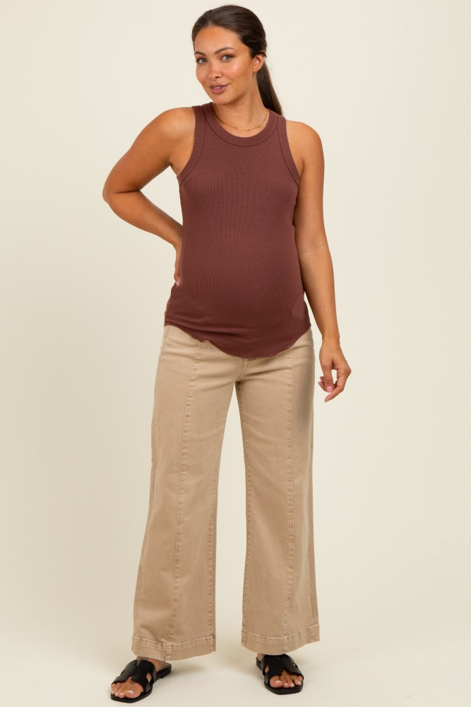 Camel Front Seam Wide Leg Maternity Jeans
