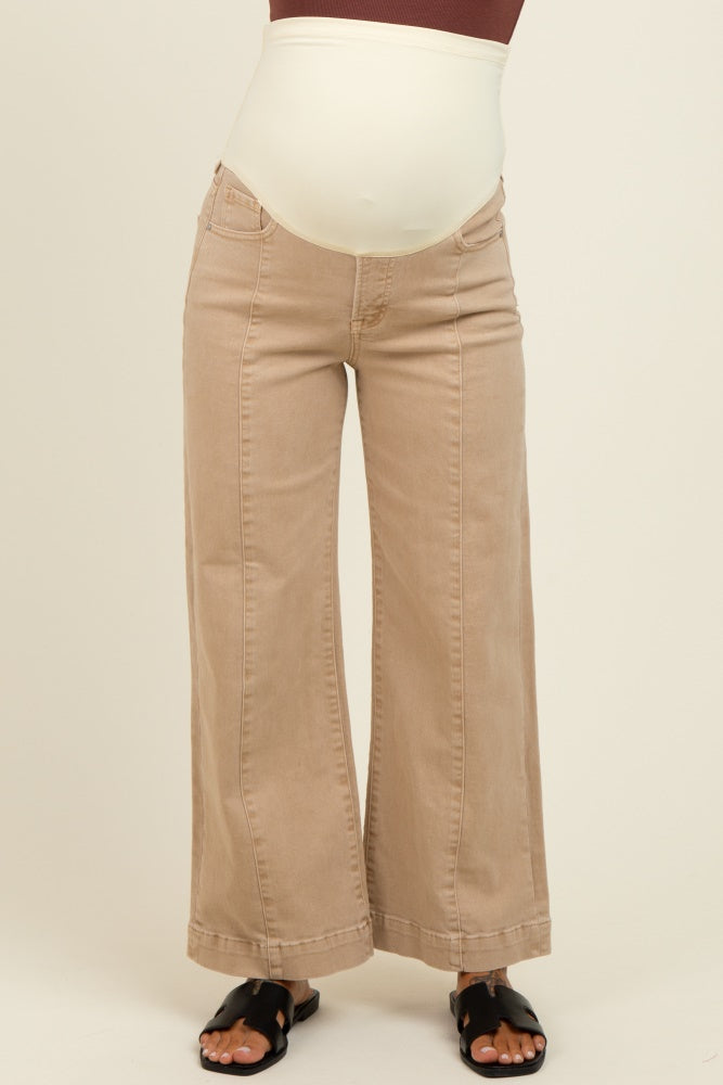 Camel Front Seam Wide Leg Maternity Jeans