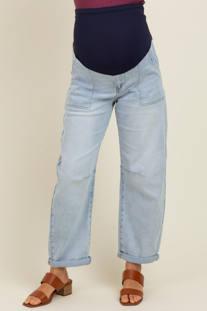 Light Blue Rolled Cuff Barrel Leg Maternity Jeans