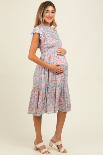 Light Blue Floral Mock Neck Smocked Ruffe Sleeve Maternity Midi Dress