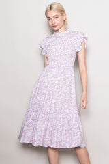 Pink Floral Mock Neck Smocked Ruffe Sleeve Midi Dress