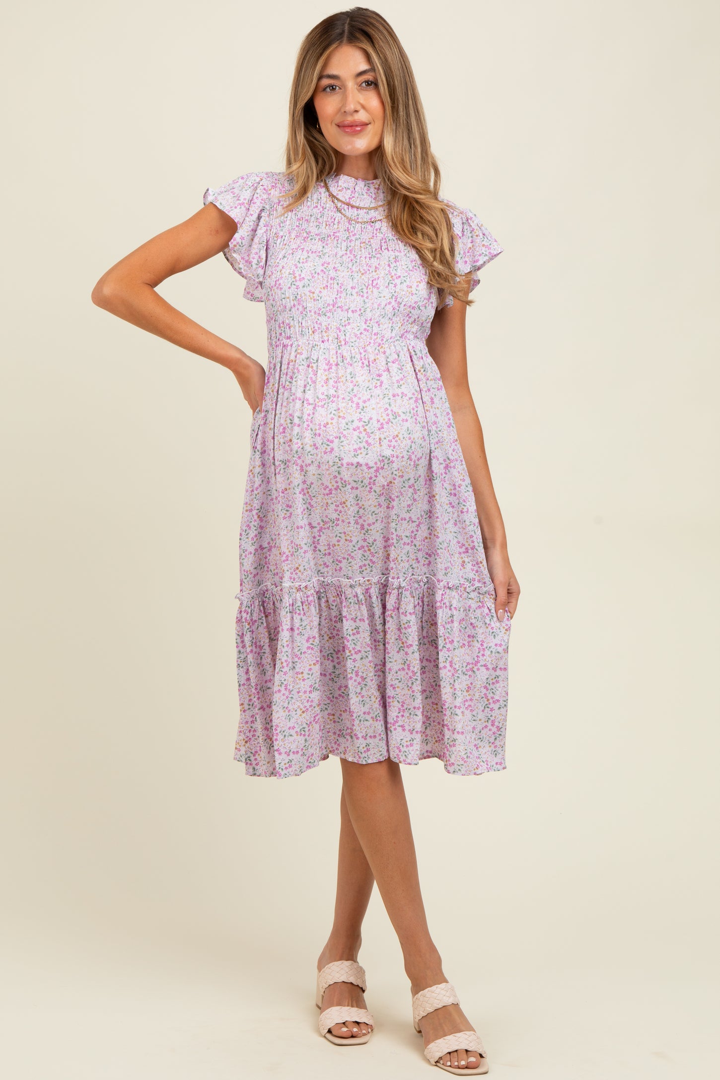 Pink Floral Mock Neck Smocked Ruffe Sleeve Maternity Midi Dress