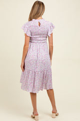 Pink Floral Mock Neck Smocked Ruffe Sleeve Maternity Midi Dress