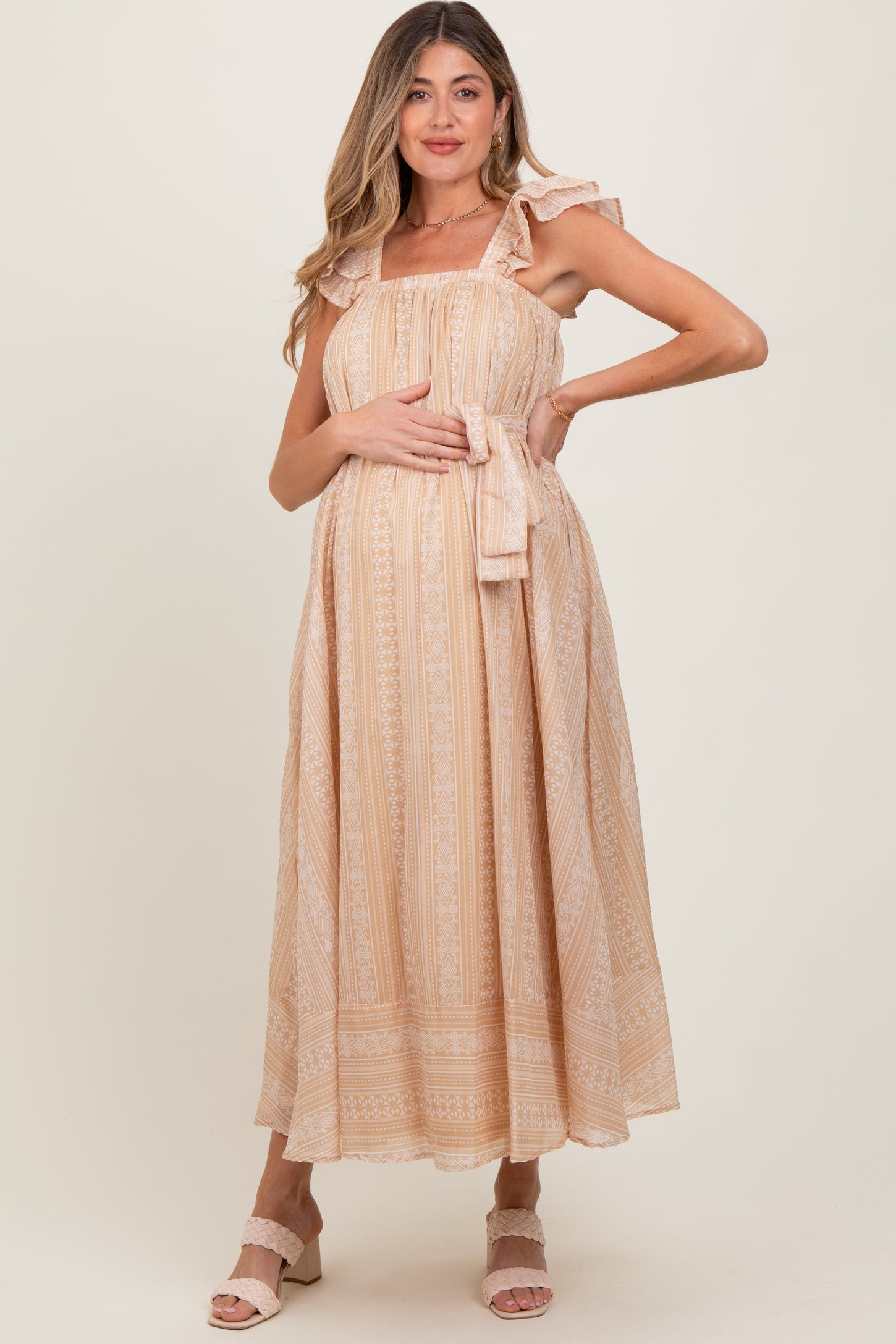 Peach Printed Ruffle Sleeve Sash Tie Maternity Midi Dress