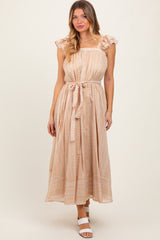 Peach Printed Ruffle Sleeve Sash Tie Maternity Midi Dress