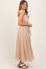 Peach Printed Ruffle Sleeve Sash Tie Midi Dress