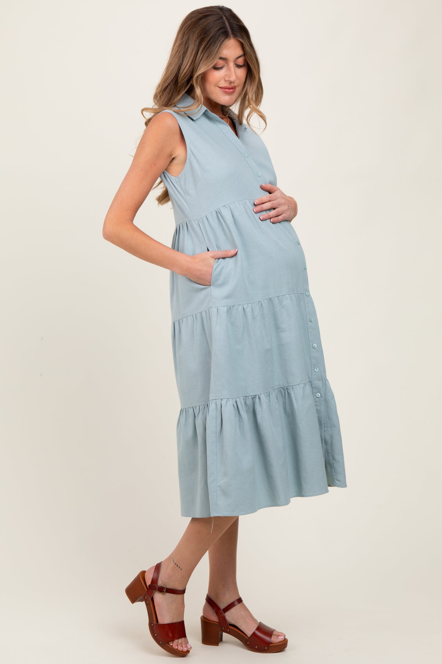 Light Olive Tiered Sleeveless Maternity Midi Shirt Dress