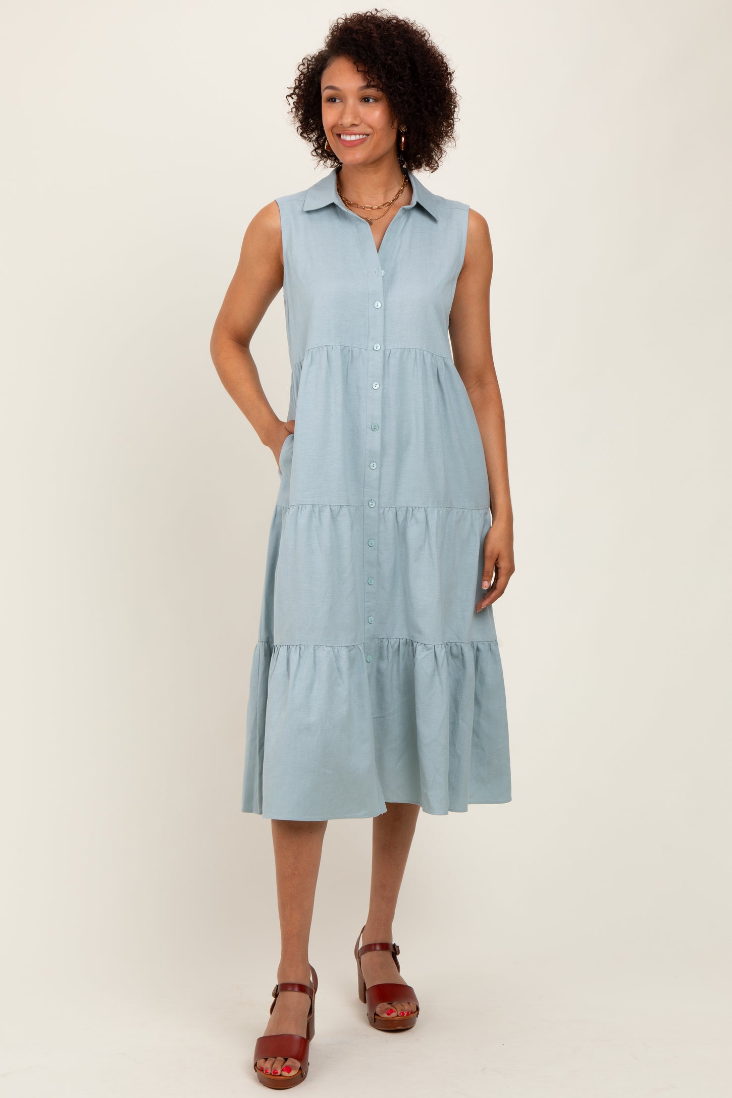 midi tiered shirt dress Light Olive Tiered Sleeveless Midi Shirt Dress