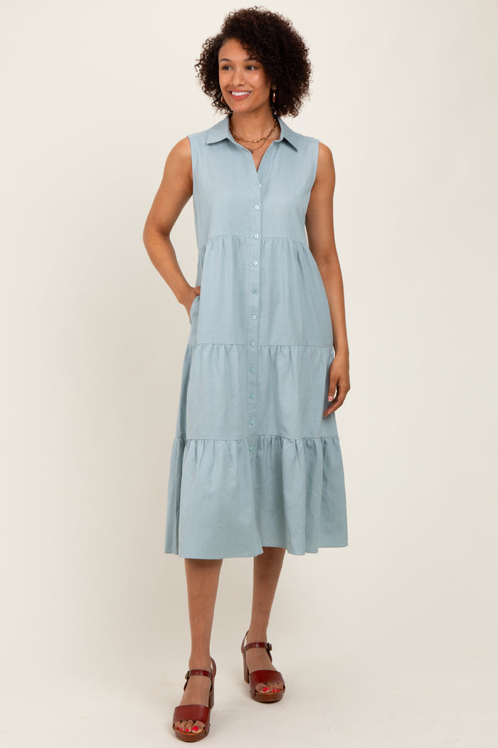Light Olive Tiered Sleeveless Maternity Midi Shirt Dress