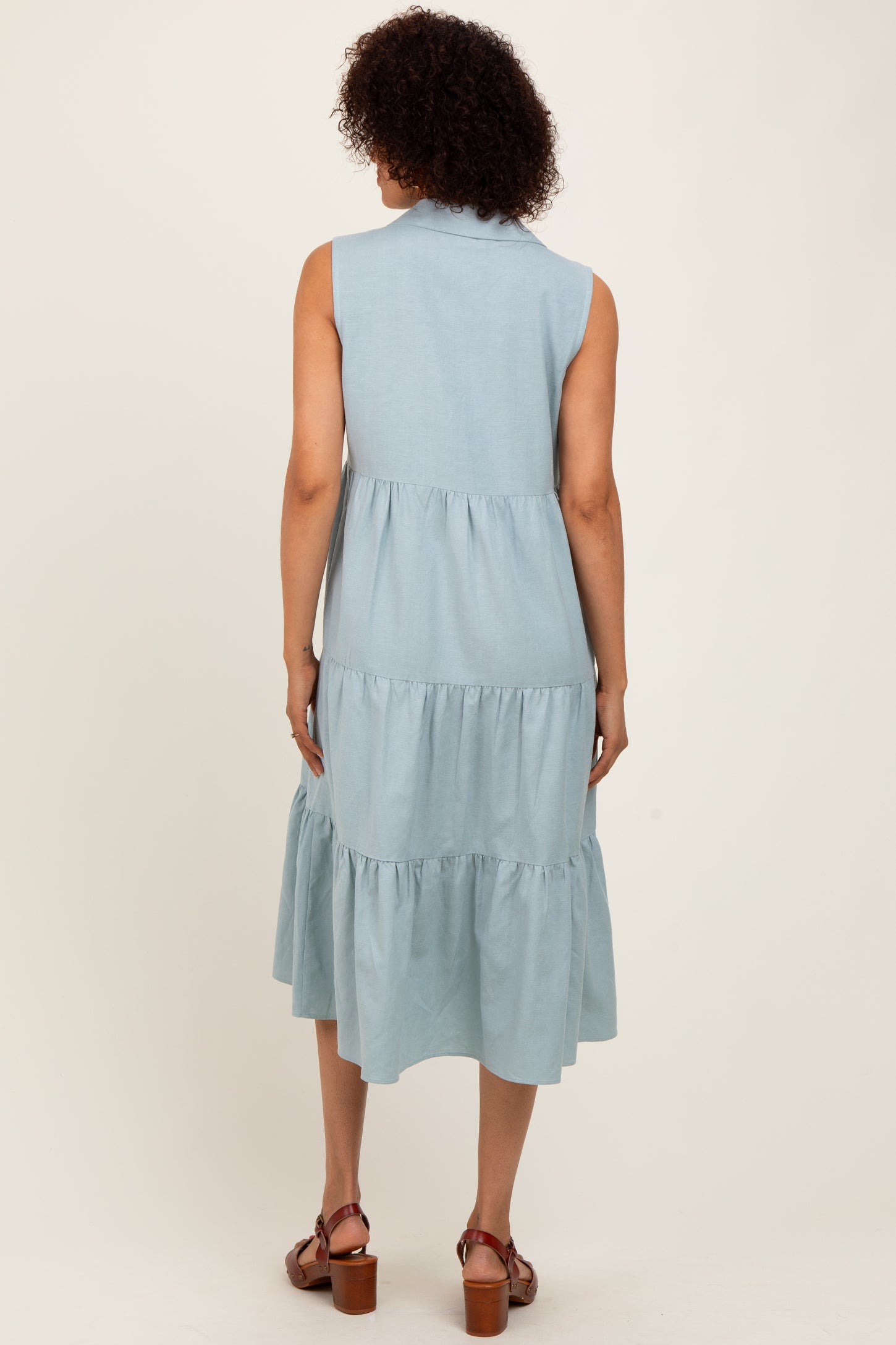 Light Olive Tiered Sleeveless Midi Shirt Dress