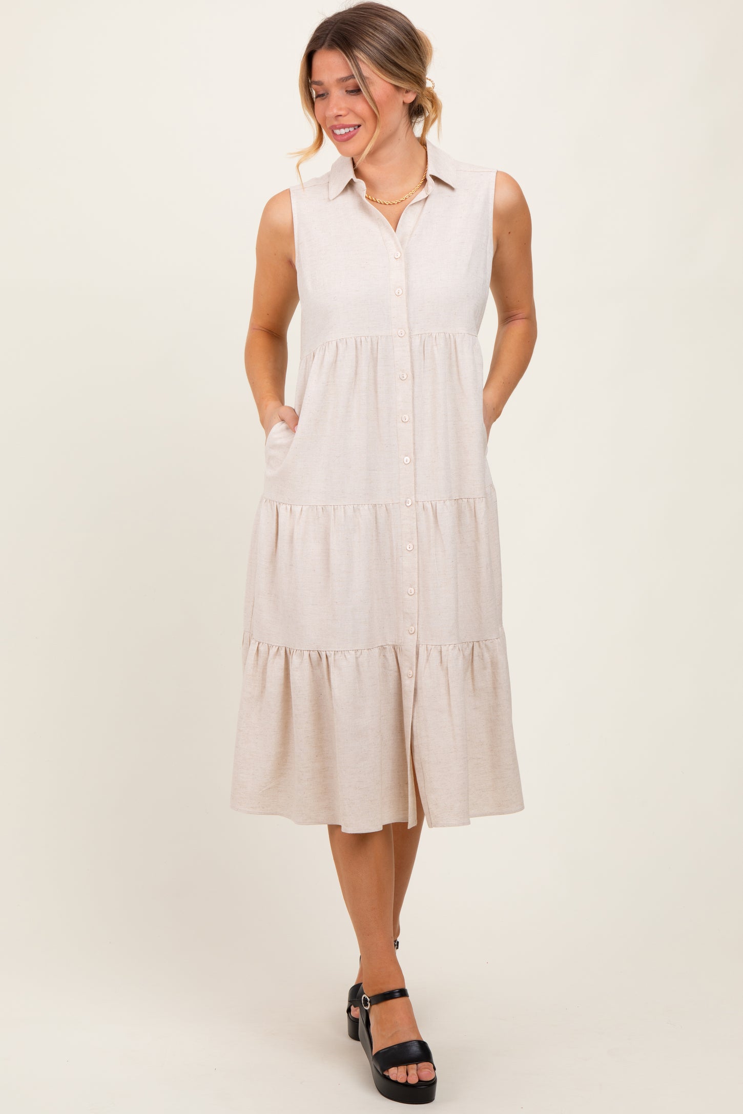 Pinkblush Women's Cream Tiered Sleeveless Midi Shirt Dress