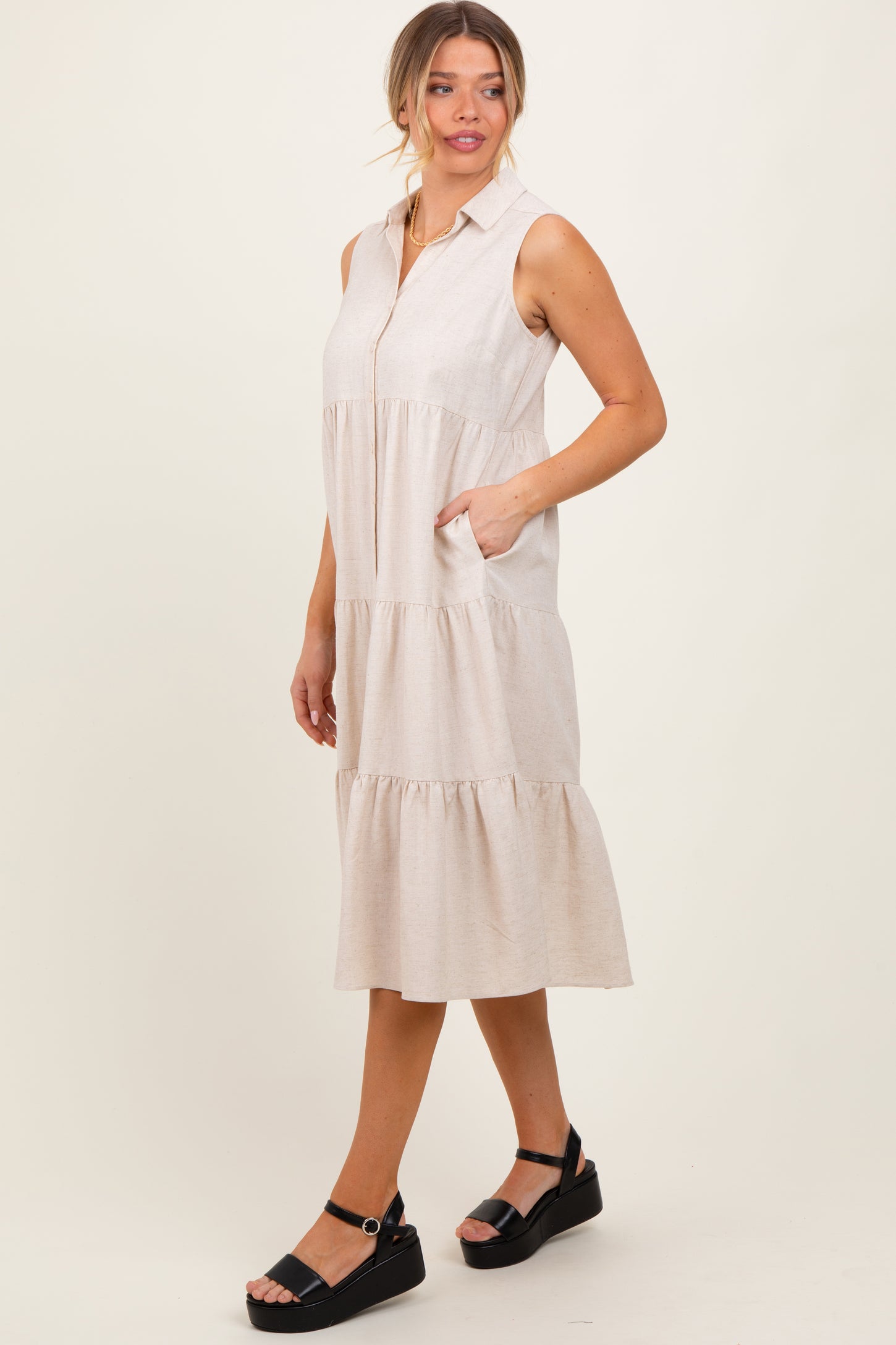 Cream Tiered Sleeveless Midi Shirt Dress