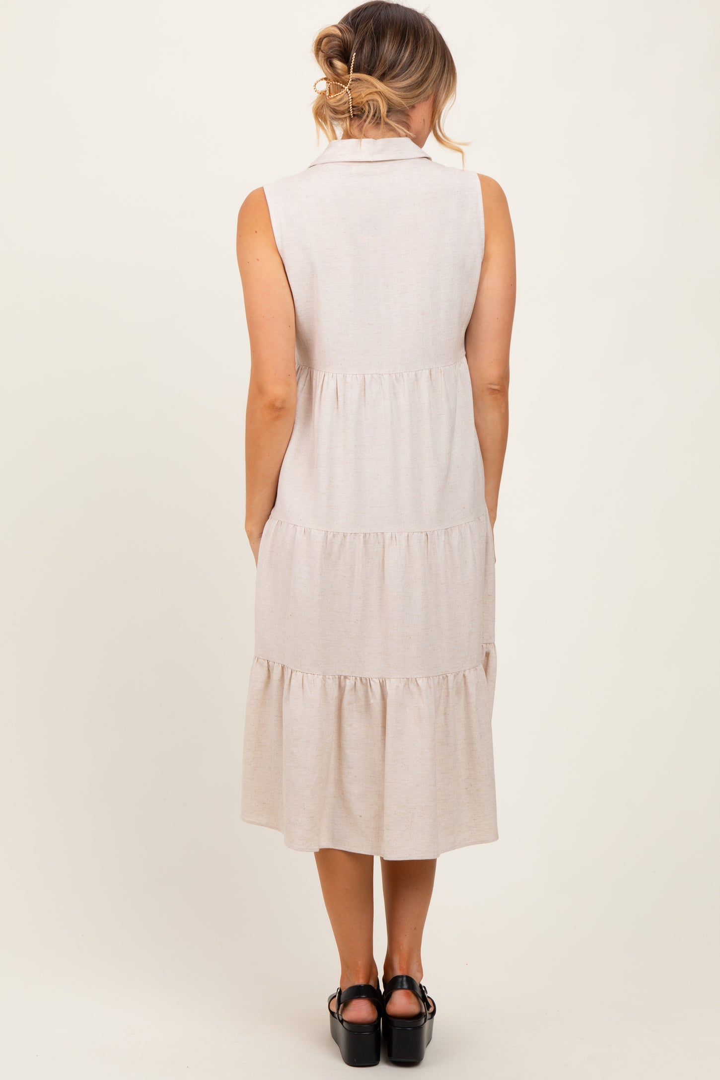 Cream Tiered Sleeveless Midi Shirt Dress
