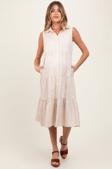 Cream Tiered Sleeveless Maternity Midi Shirt Dress