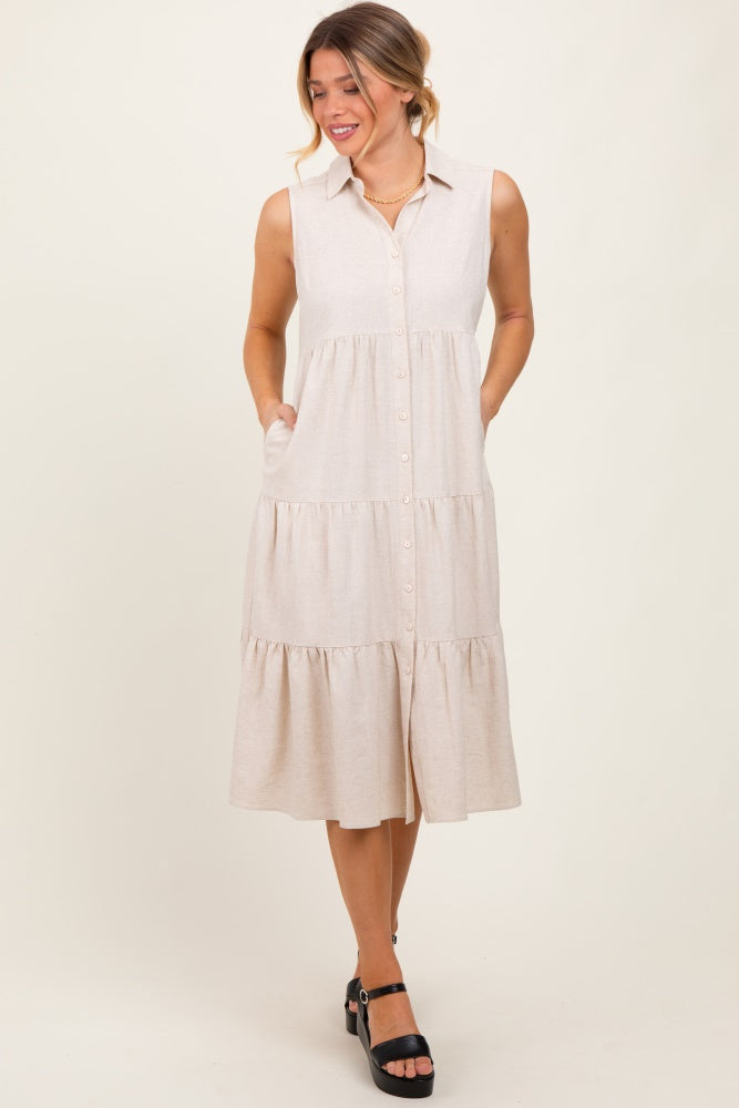 Pinkblush Maternity Cream Tiered Sleeveless Midi Shirt Dress - Cream Pinkblush Maternity Cream Tiered Sleeveless Midi Shirt Dress - Cream