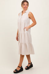 Cream Tiered Sleeveless Midi Shirt Dress